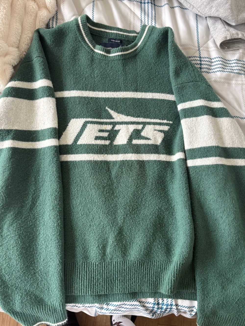 Abercrombie & Fitch Green and White Jets Crewneck Sweater